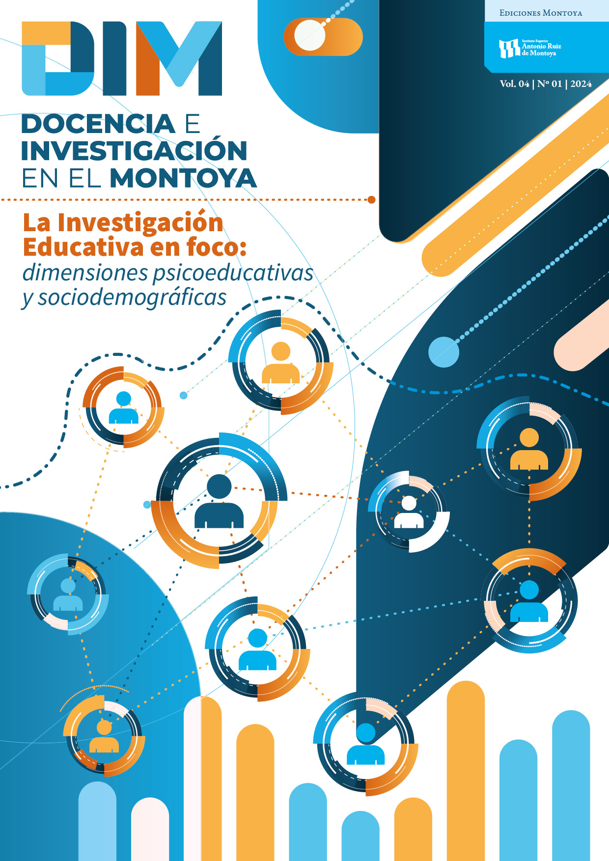 Portada de la revista DIM – Docencia e Investigación en el Montoya, edición Volumen 4, Número 1, año 2025. En el diseño predominan los colores azul, celeste, blanco y naranja. El título principal dice: “La Investigación Educativa en foco: dimensiones psicoeducativas y sociodemográficas”. La composición gráfica incluye íconos circulares interconectados que representan personas y redes de comunicación, evocando la idea de vínculos, colaboración e investigación. En el margen superior derecho aparece el logotipo del Instituto Superior Antonio Ruiz de Montoya y la marca Ediciones Montoya.